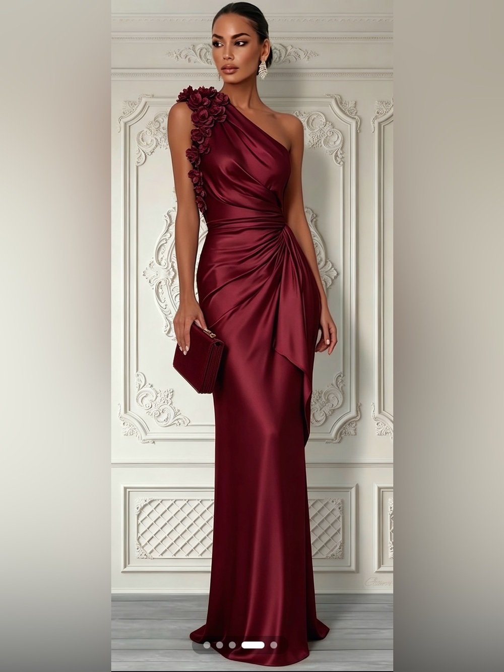 One-Shoulder Burgundy Satin Evening Gown with Floral Shoulder Detail #411 - Picture 6 of 11